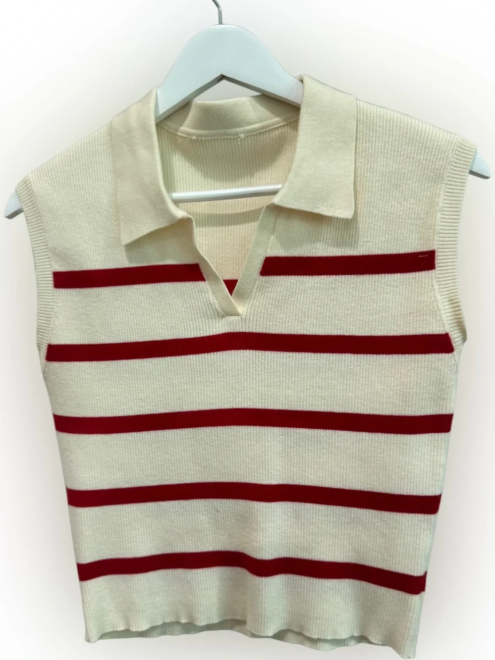 Double Zero Red and Cream Striped Sleeveless Collared Sweater Top - Picture 2 of 3